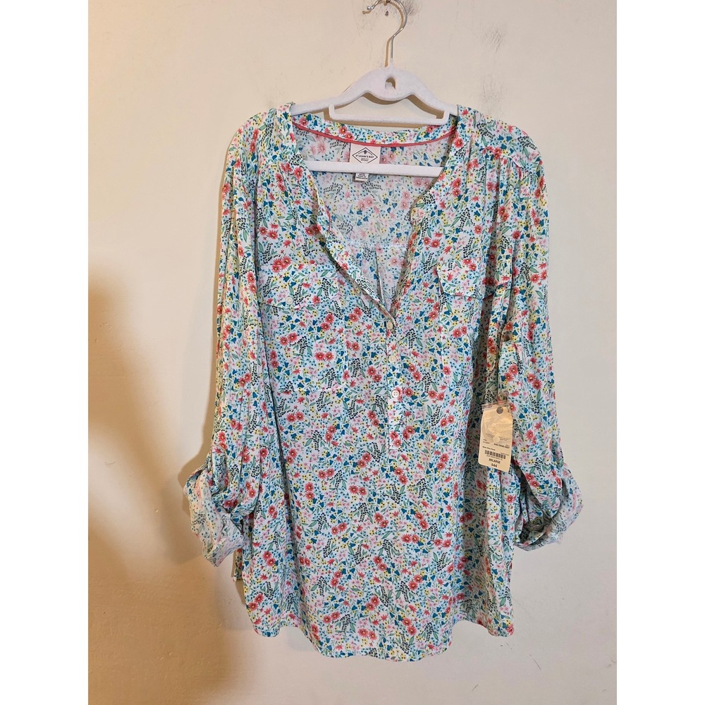 St Johns Bay Floral Button Front Roll Tab Sleeve Blouse‎ XXL New